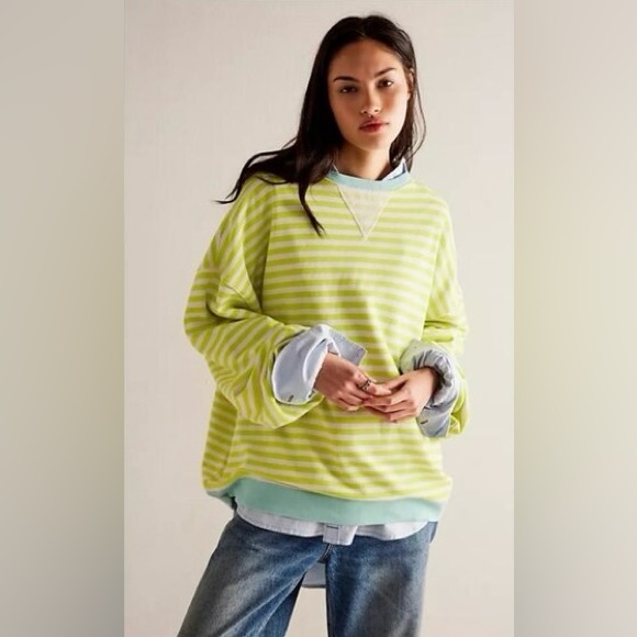 We The Free Tops - NWOT We The Free Classic Striped Oversized Crewneck ~Lime Combo~